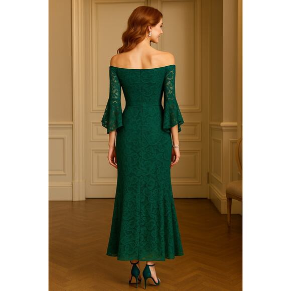 Vfshow VfEmage Womens  Green Lace Off Shoulder Bell Sleeve Gown  - Size XL - Picture 2 of 13